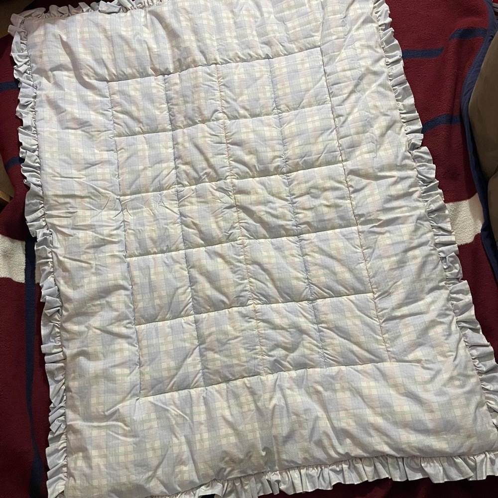 Laura Ashley Mother & Child Baby Nursery Blanket blue plaid quilted ruffle trim